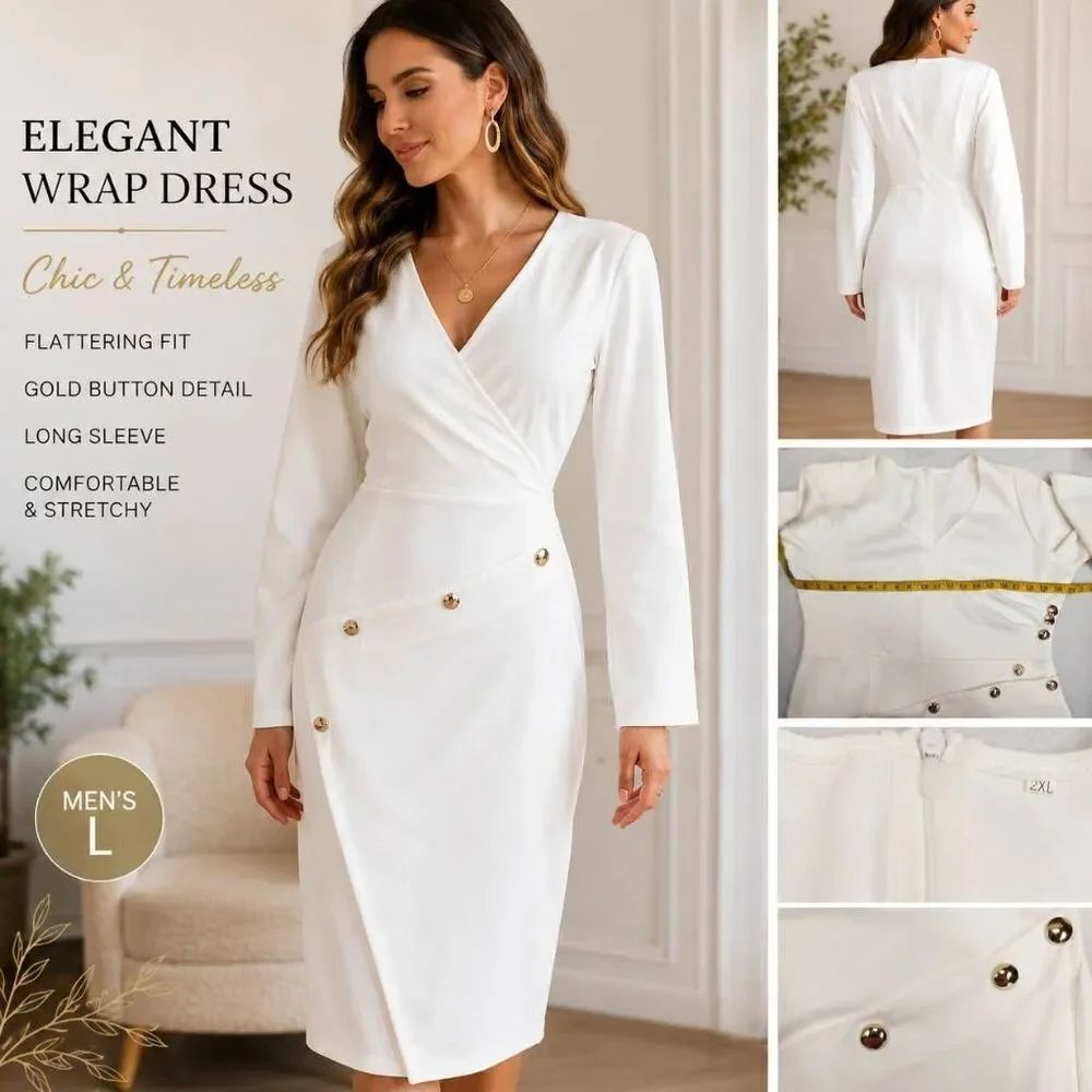 White Wrap Midi Dress Gold Button Long Sleeve V-Neck Bodycon Women's 2XL